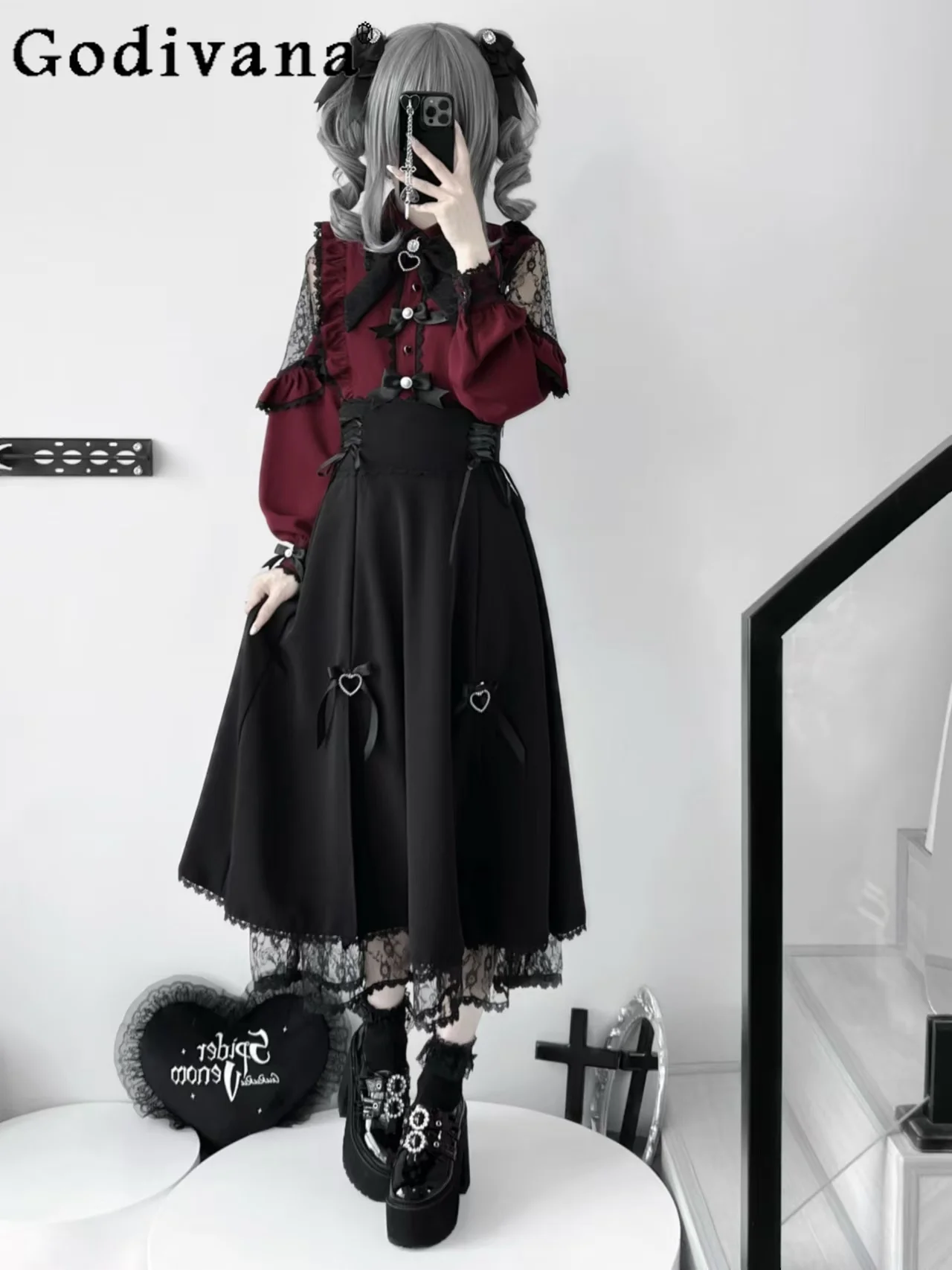 2025春の新作日本製量産レースステッチ長袖リボンシャツロリータトップスハイウエストスリムロングスカート2点セット