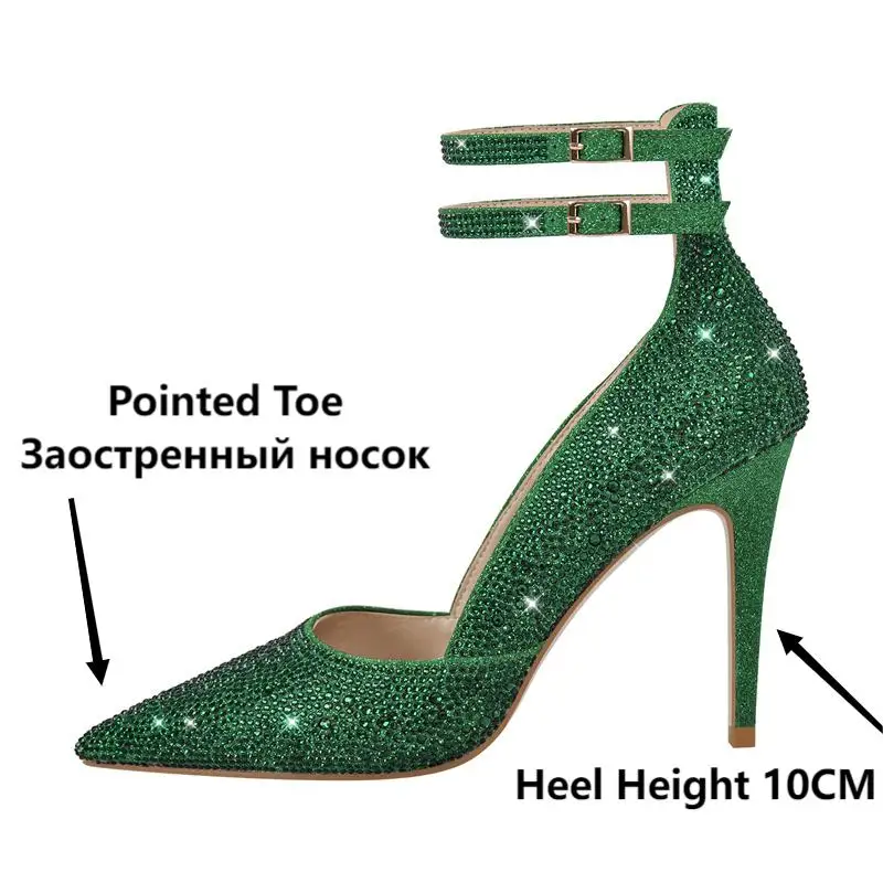 Onlymaker Women Green Pointed Toe Rhinestone Ankle Straps Pointed Toe Pumps 10CM High Heel  Party Dress Big Size Heels