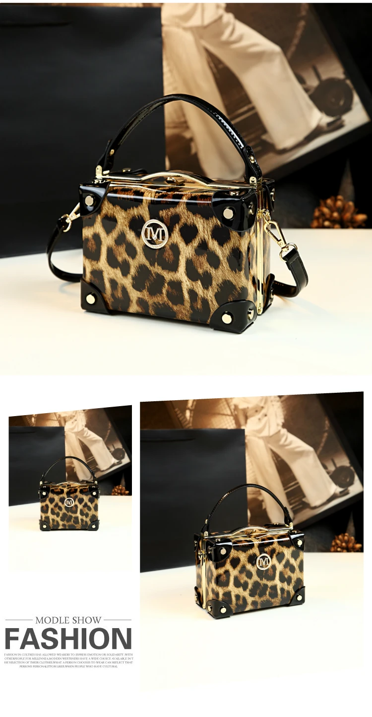 Fashion Leopard Bag Women Handbags Cowhide Leather Ladies Cosmetic Evening Bag Purses Small Hard Square Box Messenger Bags