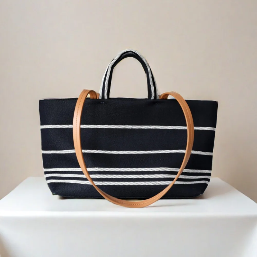 

Casual All-match Stripe Panelled Square Handbags Shop Large Capacity Canvas Practical Shoulder Bags Strap Commuter Women Totes