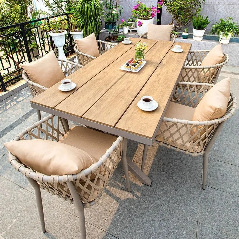 Outdoor plastic wood tables and chairs waterproof and sunscreen aluminum alloy garden home leisure outdoor tables and chairs
