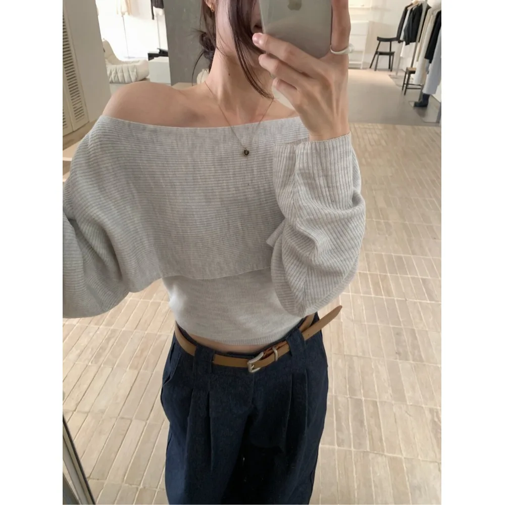 

Korean Sle Batwing Sve One oulder Long Sve Women's Knitted Sweater Loose Feel Two Piece Set Spring Autumn Winter