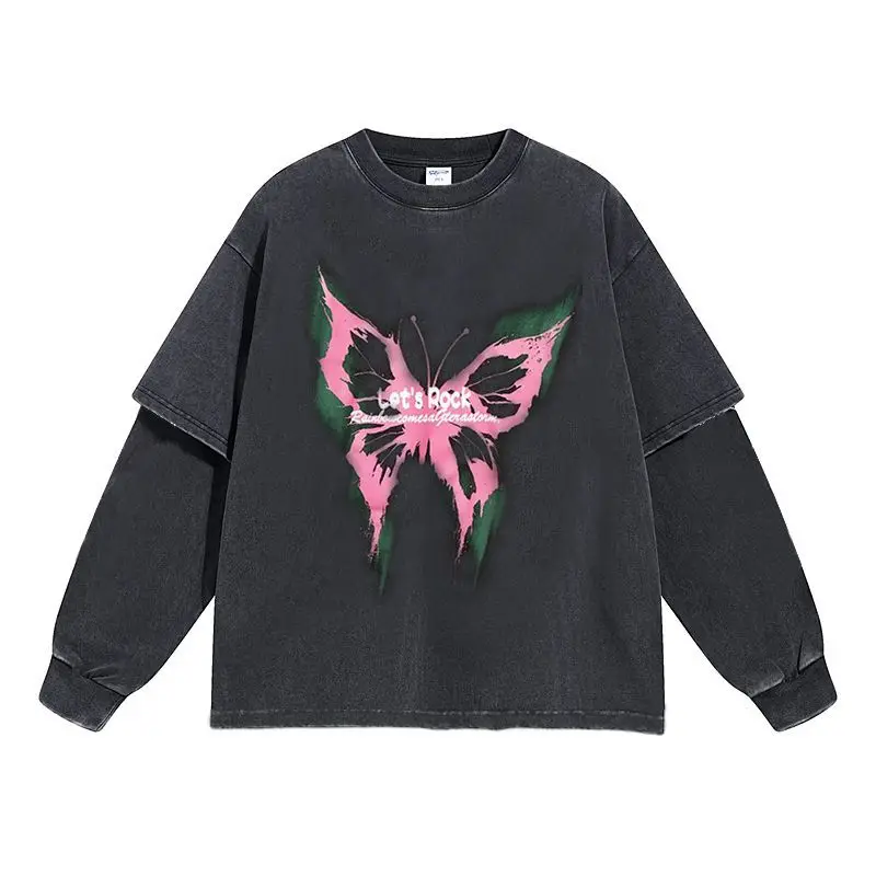 Butterfly Vintage Washed Cotton Fake Two-Piece T-Shirt Black Layered Long Sleeve Top Oversized Streetwear Tee Y2K Unisex Casual