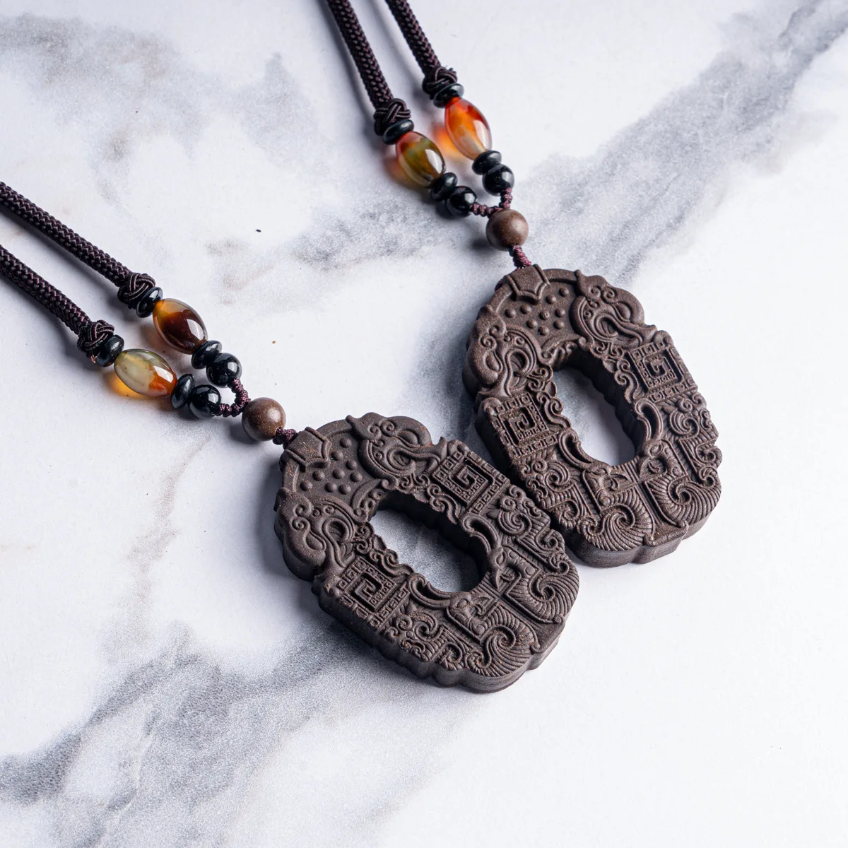 Chinese Traditional Dragon Phoenix Carved Natural Ambergris Mixed Incense Pendant Lucky Blessing Wealth Attracting Necklace Car