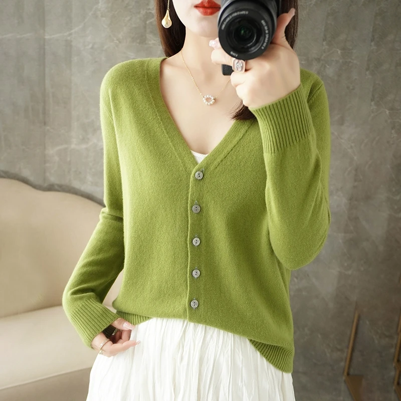 2024 Spring And Autumn New Women\'s V-neck Cardigan Solid Color Long-sleeved Cardigan ZD035