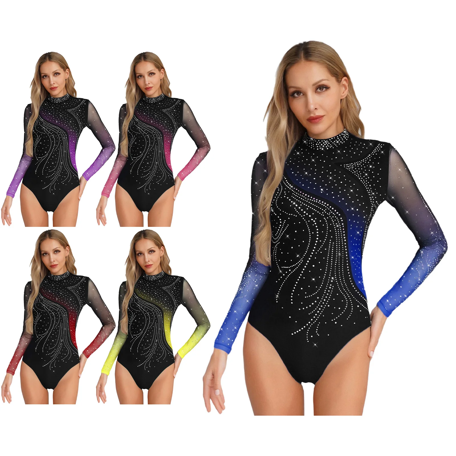 

Womens Figure Skating Gymnastics Leotard Ballet Dance Costume Shiny Rhinestone Long Sleeve Streamlined Splice HollowOut Bodysuit