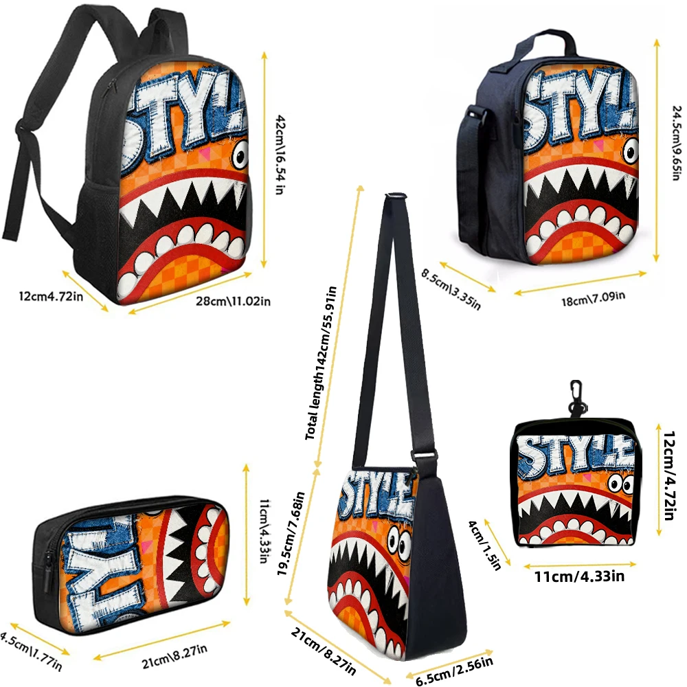 1/2/3/4/5PCS Trendy Shark Graphic Backpack Set | Perfect for School & Daily Adventures