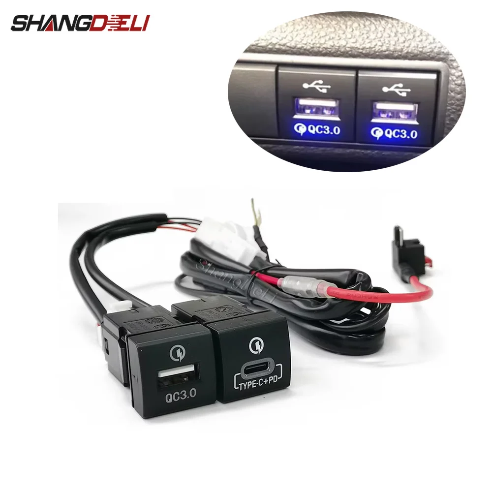 Auto Dual Port Charging Adapter QC3.0 PD Type-C Blue Light Charger Outlet Socket for Toyota PRADO 2018-2022 Modified Accessories