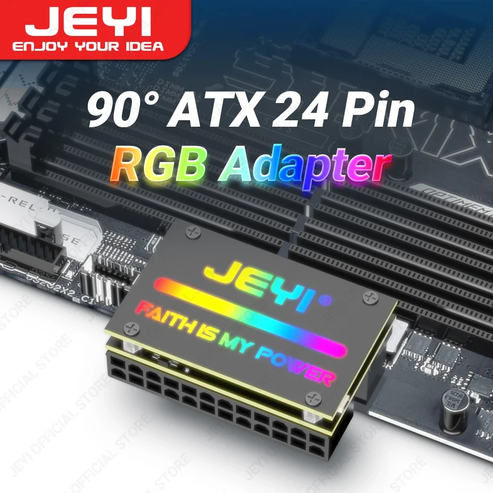 

JEYI ATX 24Pin 90° RGB Adapter, 18 Light Modes Female to 24Pin Male 90 Degree Motherboard Power Adapter for Desktops PC Supply