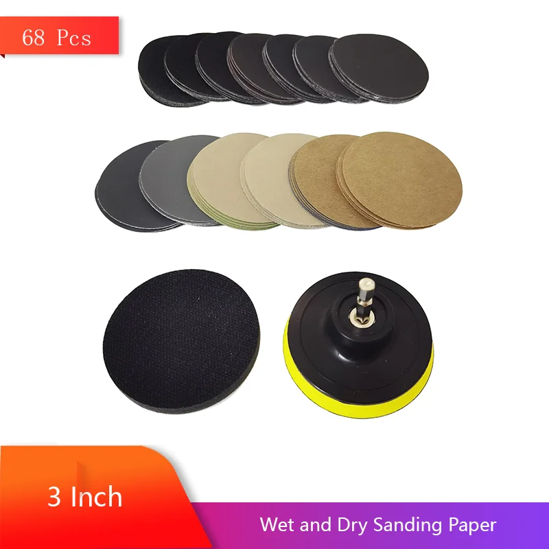 3 Inch Waterproof Sandpaper 68 Pcs with M10 Backing Pad Interface Pad for Drill Grinder Rotary Tools and Wood Metal Jewelry