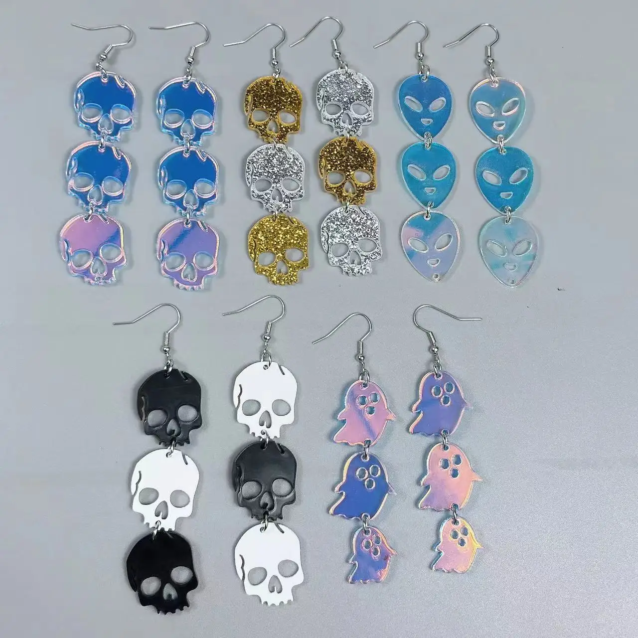 Halloween Collection New Laser Colorful Skull Head Ghost Pumpkin Outward Newcomer Acrylic Pendant Earrings Party Jewelry Gifts
