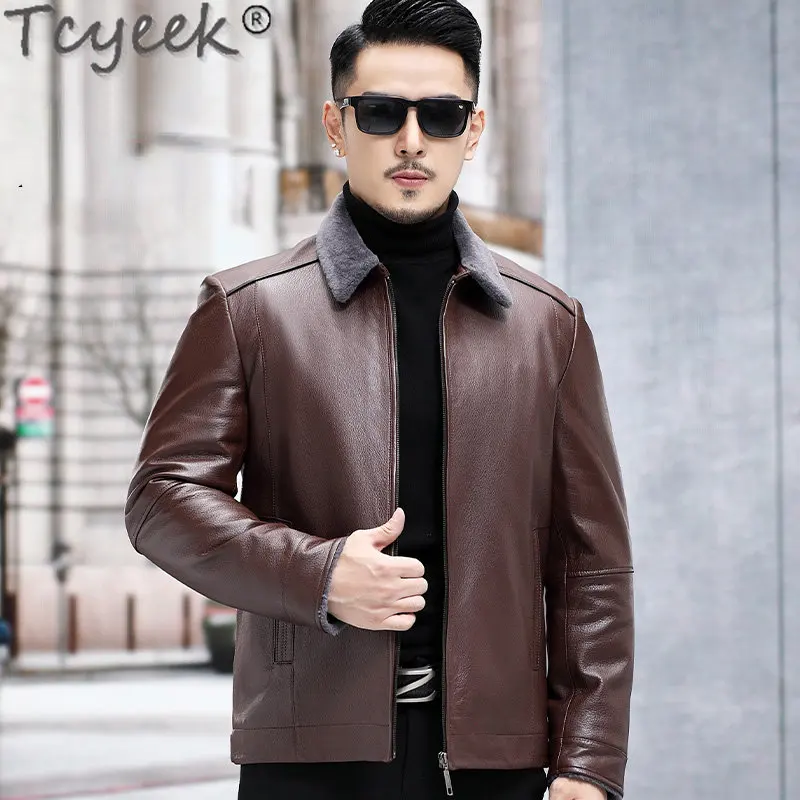 

Tcyeek Genuine Leather Jacket for Men Sheepskin Coat Real Fur Warm Coats Thickened Wool Liner Winter Men Jackets Chaquetas LM240