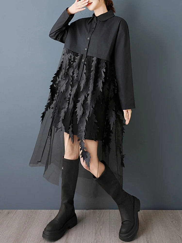 Sukienki damskie w stylu vintage z siateczkowymi wstawkami, czerwone, nowe, z długim rękawem, luźne, codzienne sukienki midi, eleganckie ubrania, wiosna jesień 2026