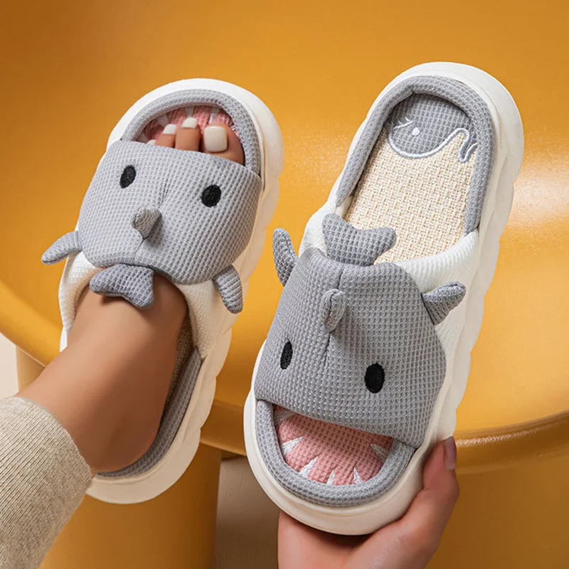 New Cartoon Shark Home Slippers Women Autumn Winter Thick Soft Sole Indoor Slides Woman Bedroom Non Slip Unisex Linen Slippers