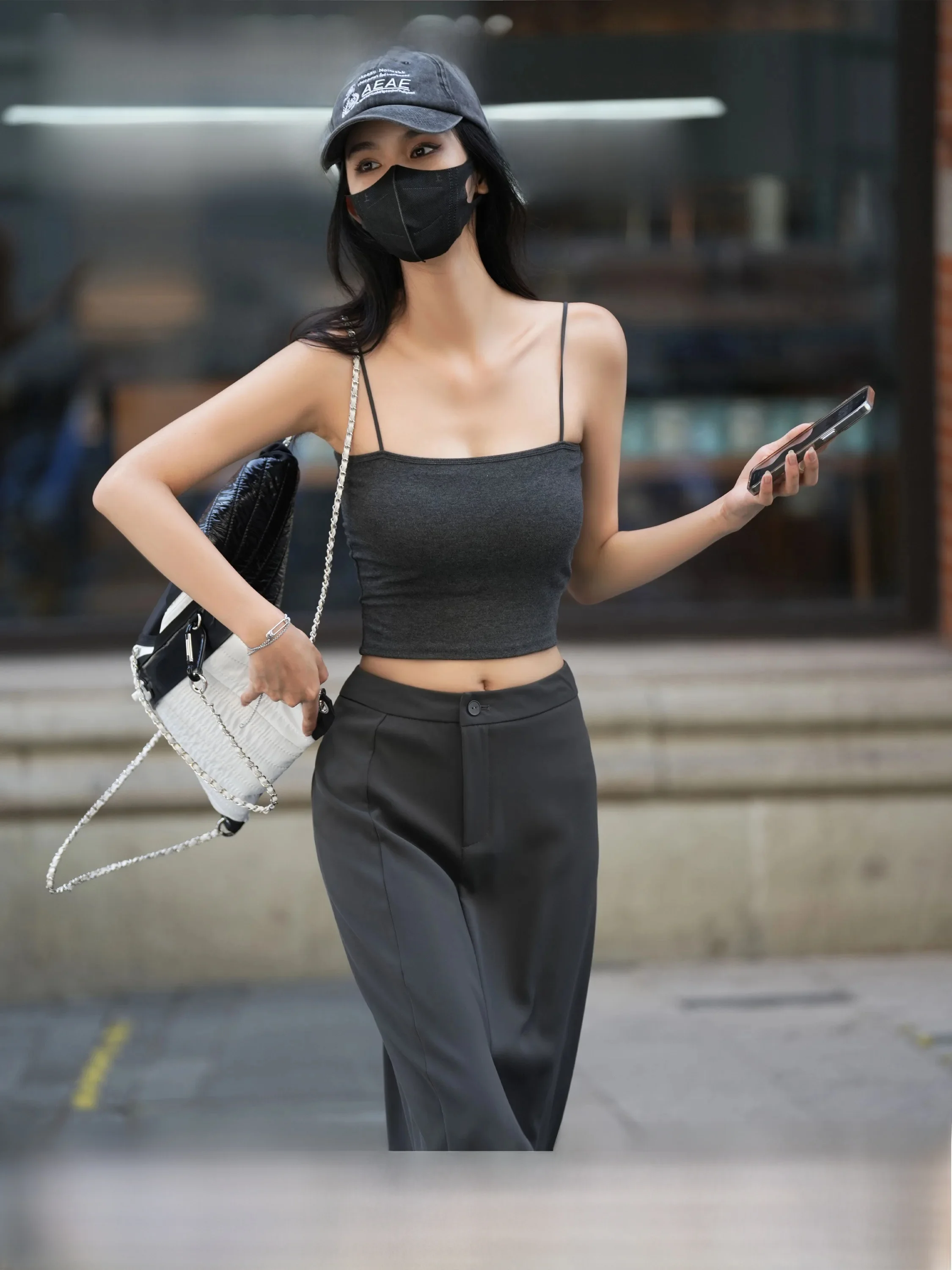 

Luna7xi Grey Knitted Vest Strap Women's Summer Slimming Short Pure Color Tube Top Cotton Blend Fabric Breathable Casual Wear