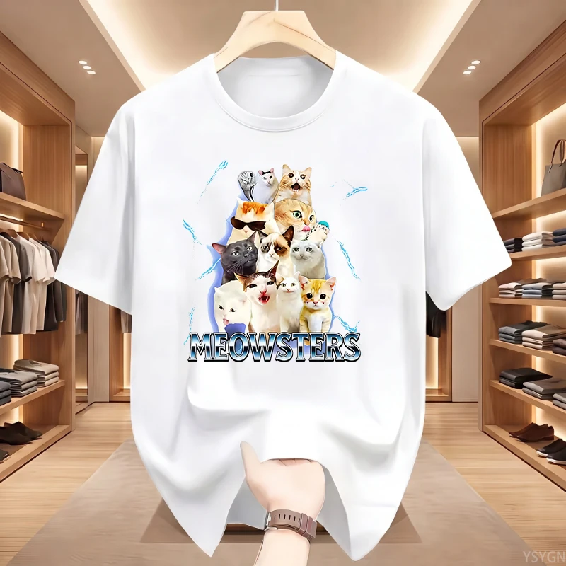 Funny Meow Cat Fashion Oversized Hip Hop T Shirt Mens Women Hot Sale Clothing 90s Casual Cotton Cozy Loose Short Sleeve T-Shirts