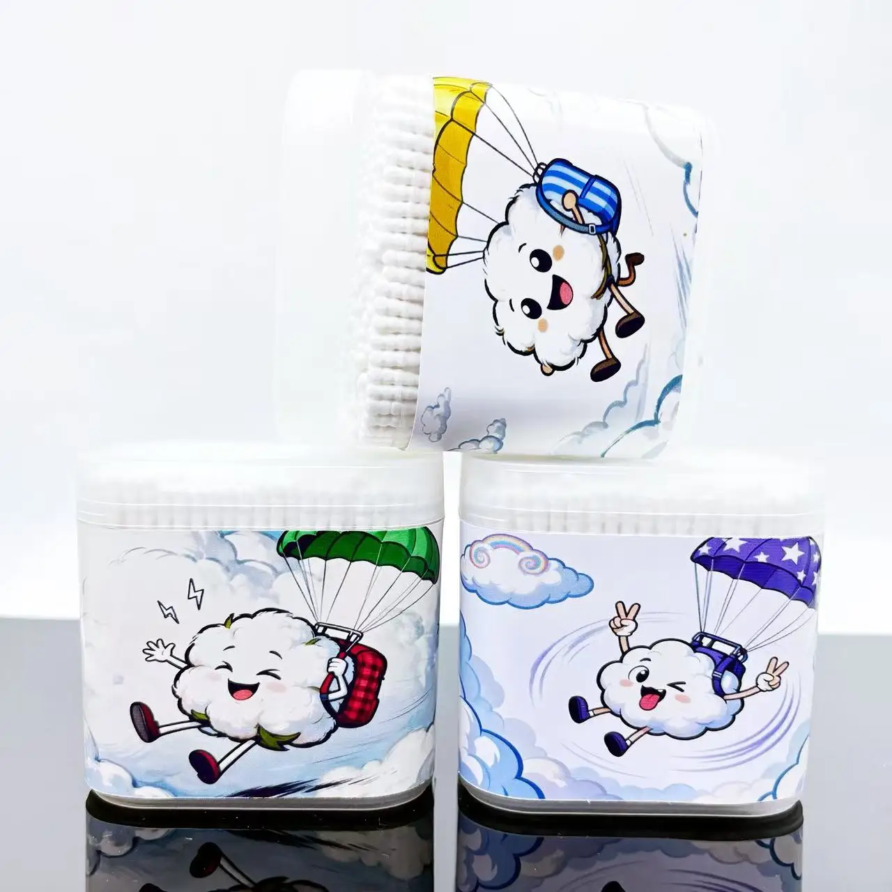 1200 Uds. Hisopos de algodón estimulantes con temática deportiva, hisopos de algodón blancos en forma de paracaídas, palos de hisopo de algodón con cuchara de doble cabeza