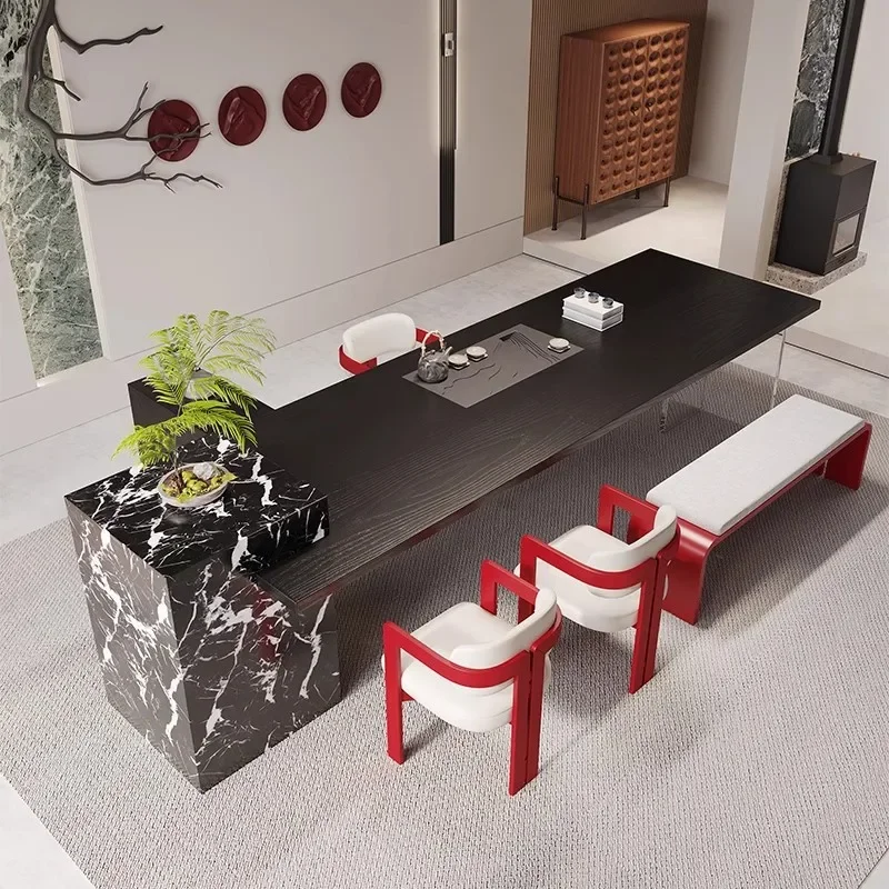 Large board  table with tray embedded solid wood table tea table chair combination