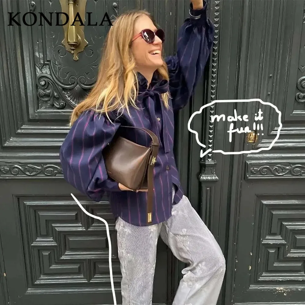 KONDALA 2025 秋冬 カジュアル レディース シャツ ファッション ストリートウェア ストライプ シングルブレスト ターンダウンカラー レディース シャツ