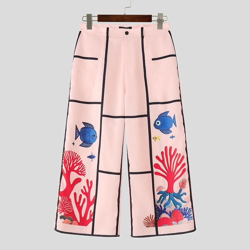 INCERUN Men Wide Leg Pants Printing Button Joggers Loose Casual Trousers Men Streetwear 2025 Fashion Oversize Leisure Male Pants