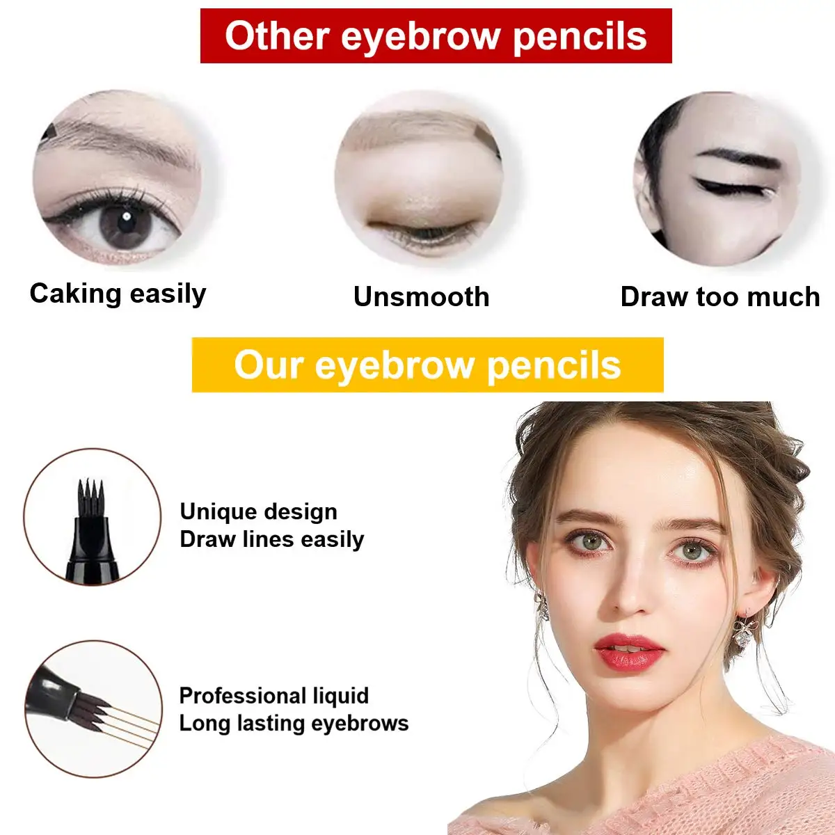 Waterproof Eyebrow Pen, Microblading Eyebrow Pencil With 4 Split Head, Natural Looking Brows Makeup ( 5 Colors)