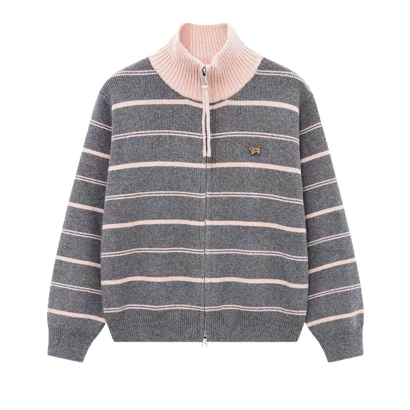 Cross-border Contrasting Striped Knitted Cardigan Fall Winter New High-end Fashion Top Double Zipper Turtleneck Women's Sweater