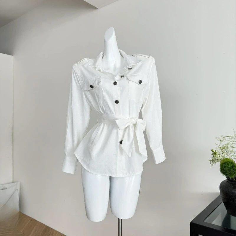 

Linen White Shirt Front Shoulder Strap Shoulder Pads Multi-pocket Metal Hand-buckle New Femininity High Quality and High Grade