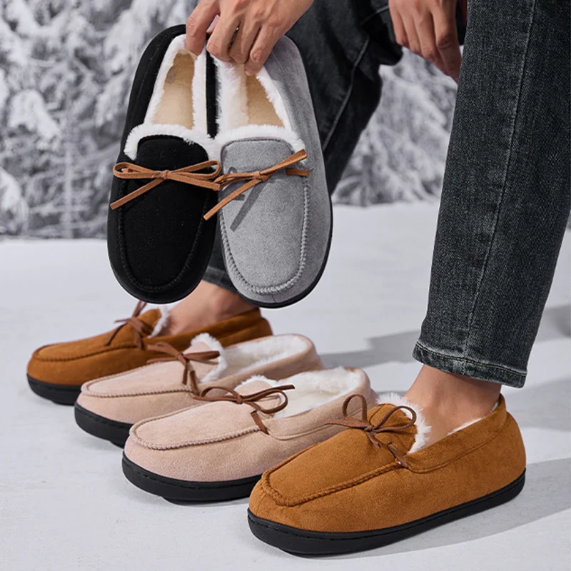 Pantoufles d'intérieur chaudes à enfiler pour femmes, chaussures en coton épais en peluche avec nœud papillon, pantoufles de maison en fausse fourrure douce et confortable, hiver