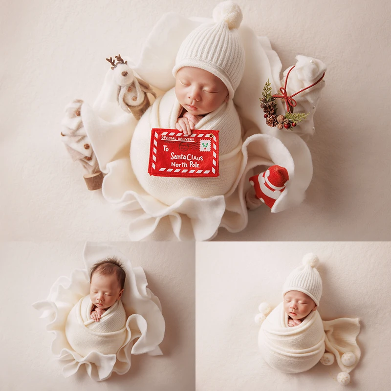 

Christmas Newborn Photo Props Knitted Wool Hat Wrap Set Felt Cloth Bouquet Shape Baby Posing Props Doll Ornament Keepsake Gift