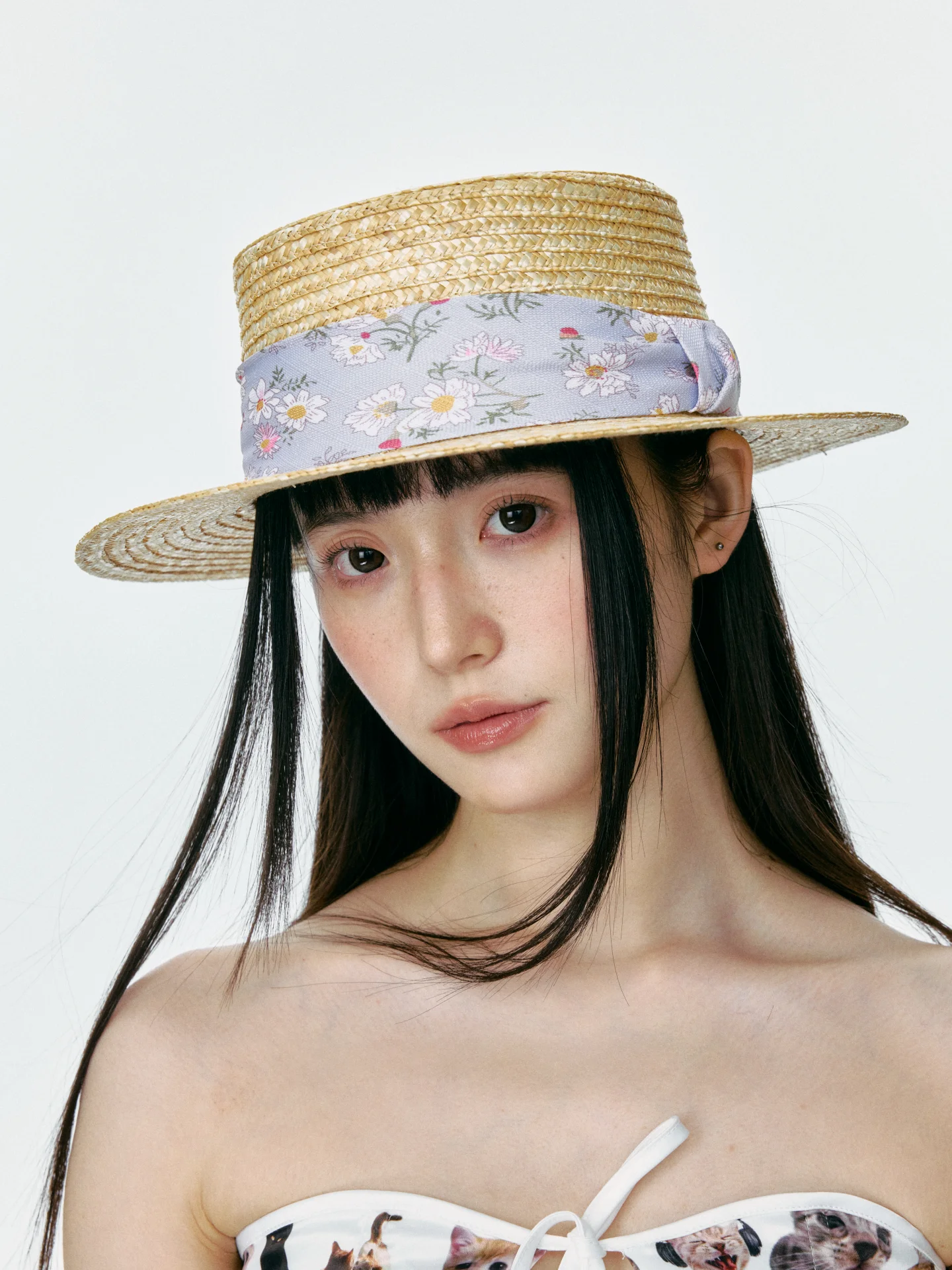 夏用つば広フラットトップ麦わら帽子-レディース-花柄プリント日よけ帽子-写真撮影用小顔効果のある優しいカントリースタイル帽子