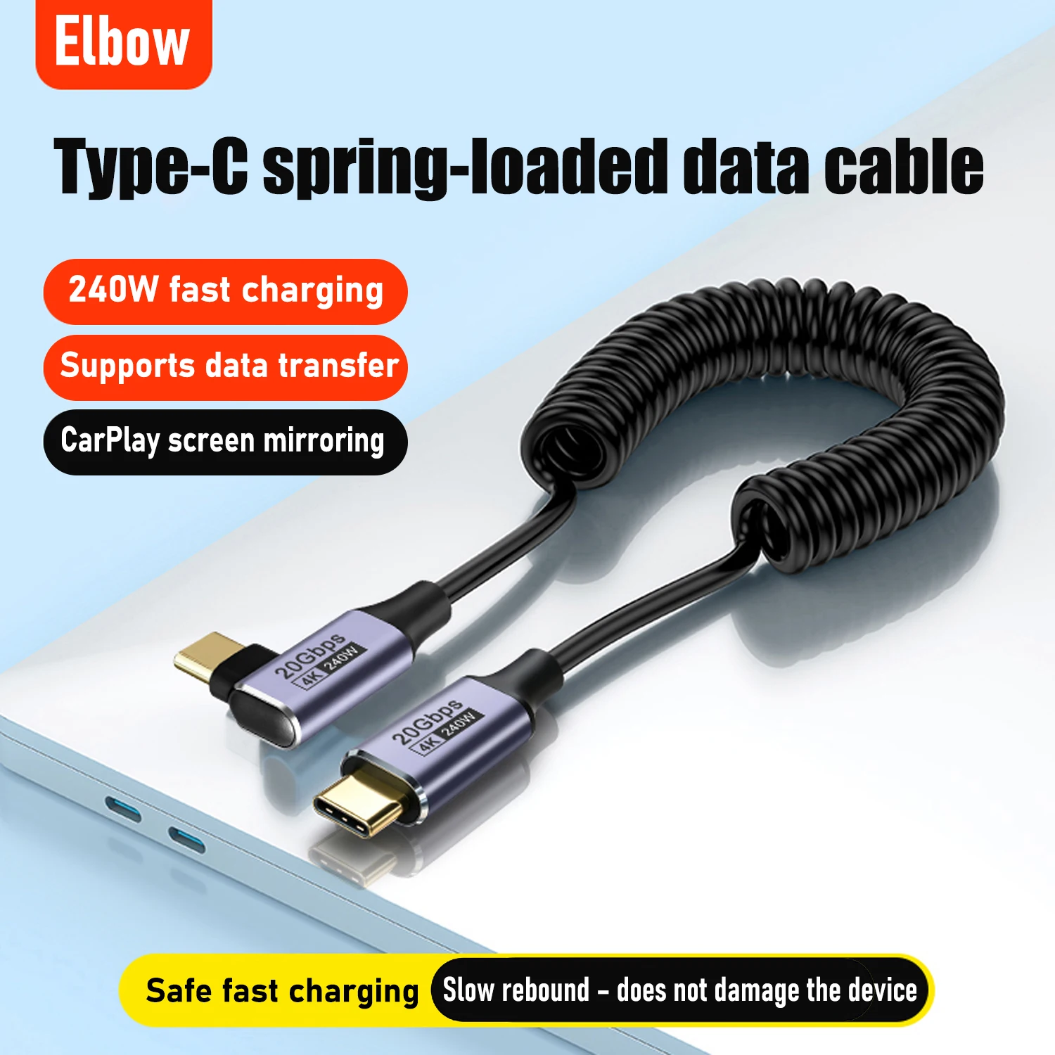 PD 240W Right Angle USB C to USB C Cable,20Gbps,4K@60Hz Spring Spiral Data Cable for Carplay,iPhone 17,Samsung Galaxy A17,Huawei