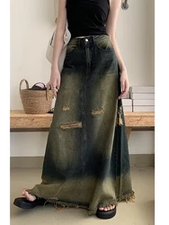 Faldas vaqueras Vintage con agujeros rasgados, faldas largas de cintura alta con borlas, corte en A, ropa de calle informal holgada, novedad de 2024, S-5XL