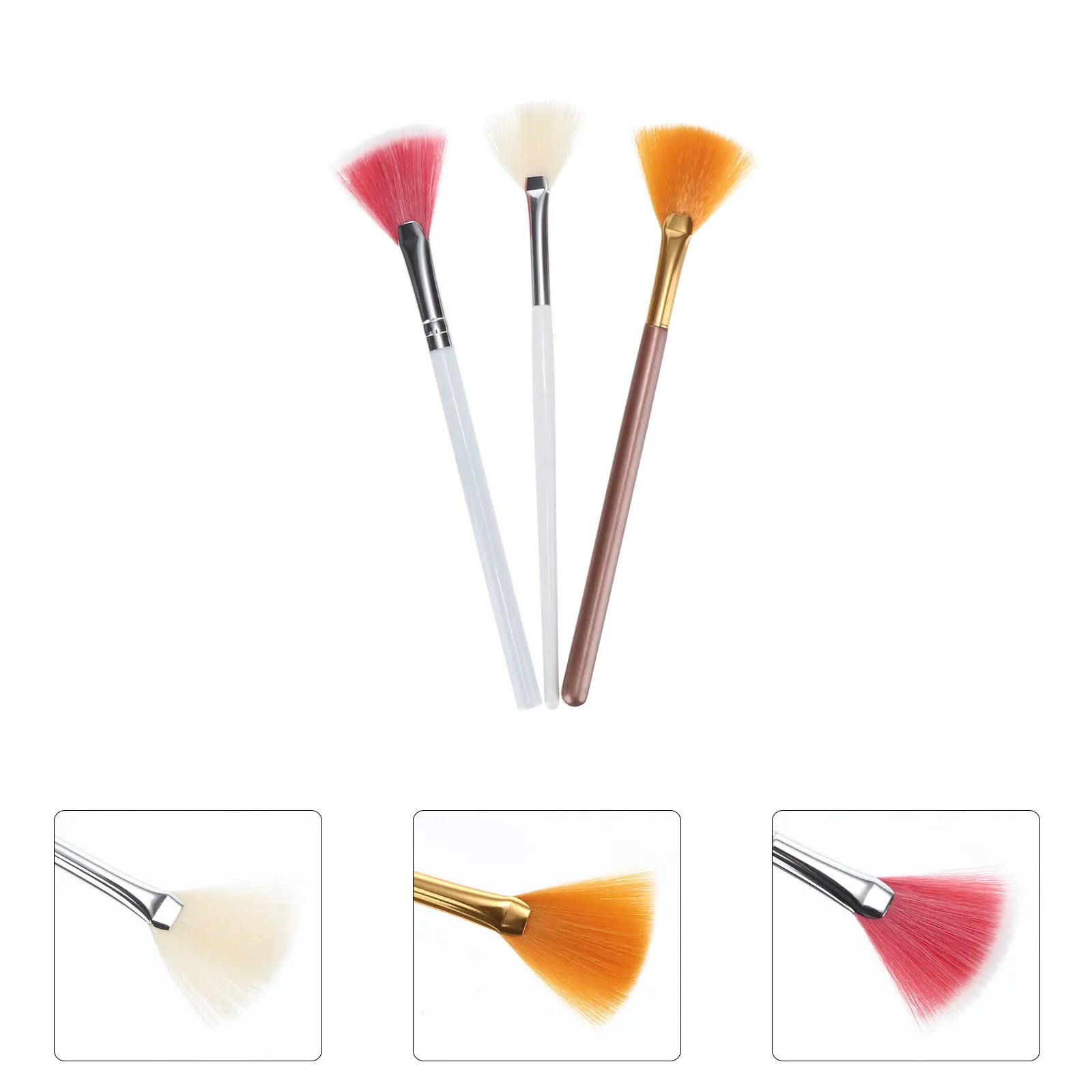 3 pennelli per trucco a forma di ventaglio, nylon premium, alluminio, legno, miscela, evidenziatore in polvere, fard, kit di strumenti per trucco