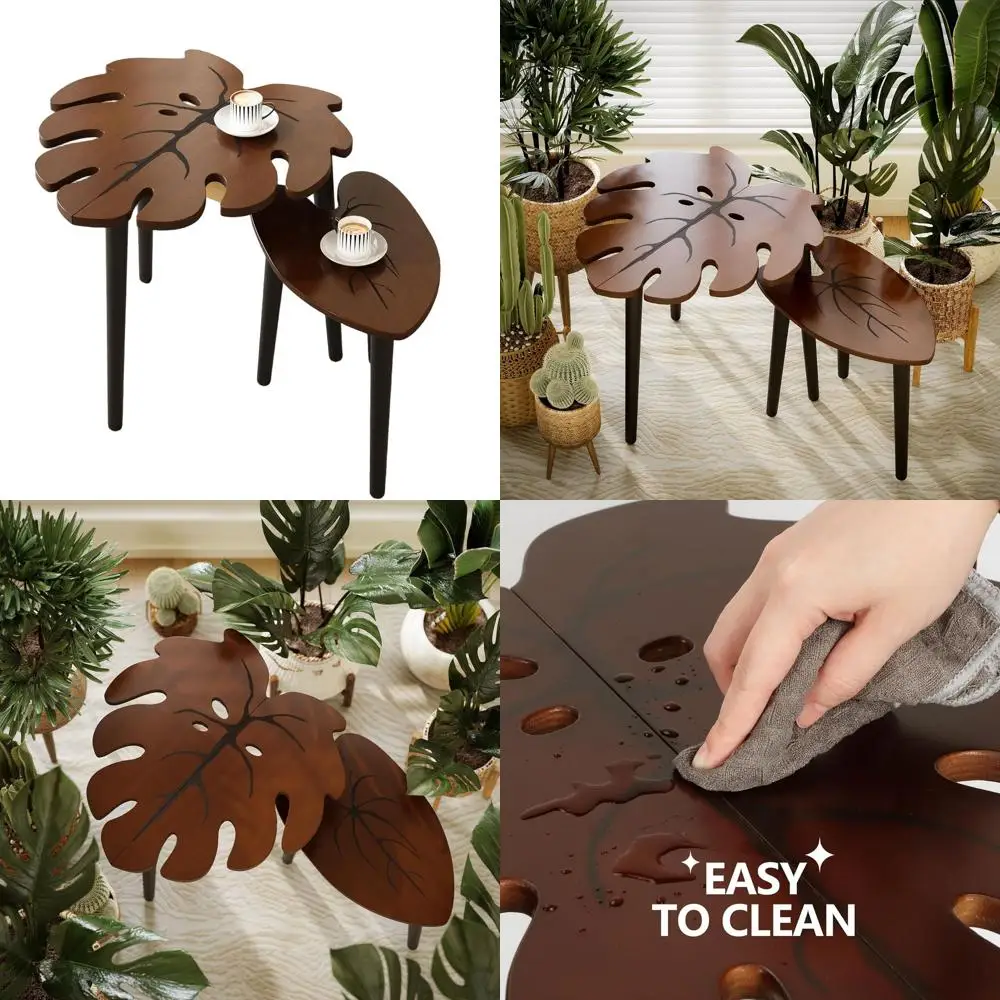 

Пара современных деревянных приставных столиков с узором в виде листьев, компактные боковые столики для дома и улицы