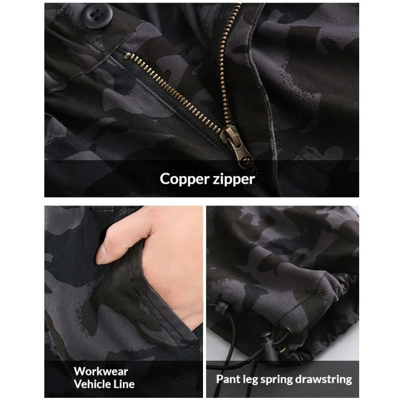 Men Cargo Work Pants Solid & Camo Multi Zipper Pockets Drawstring Hem Wear Resistant Straight Outdoor Hiking Tactical Trousers - view 4