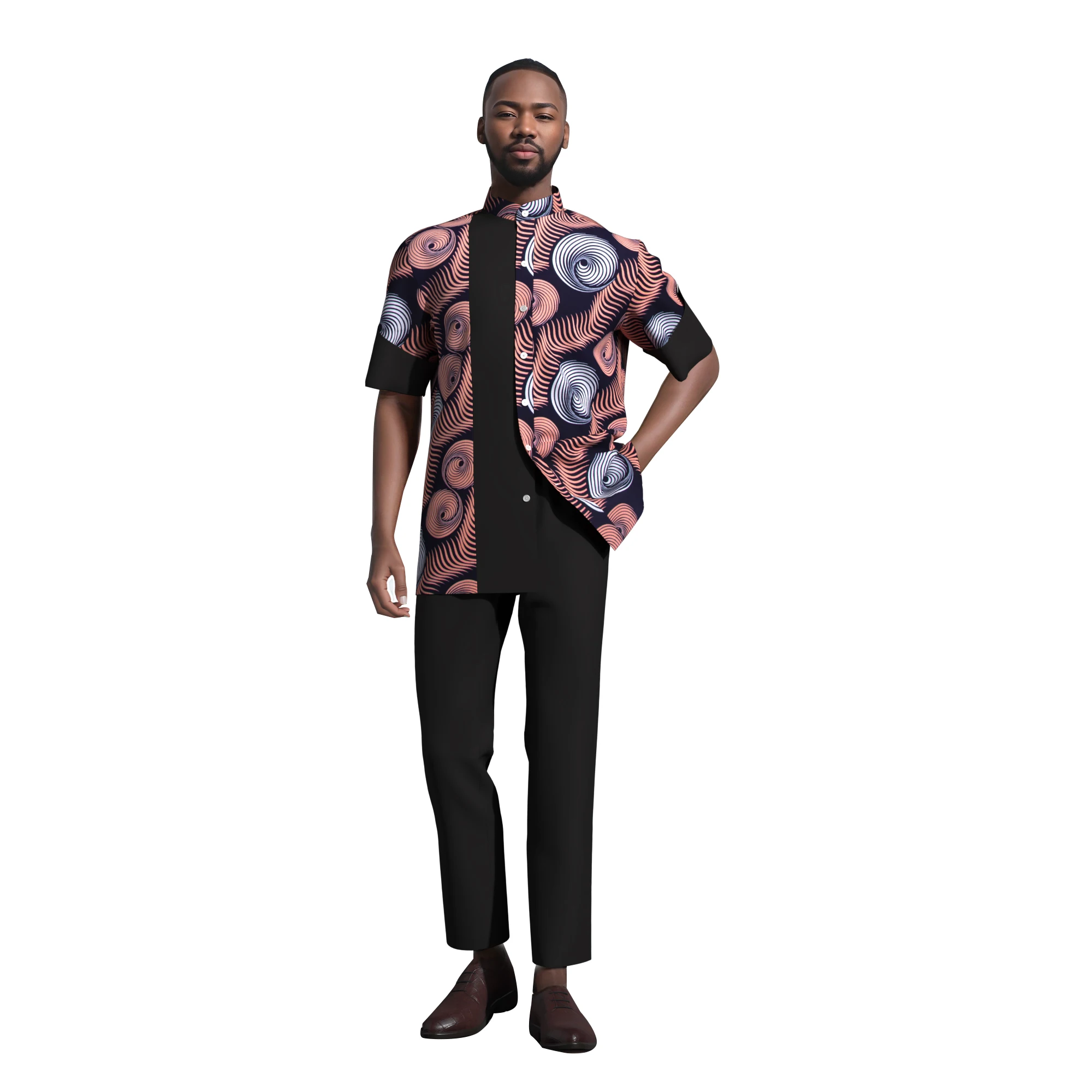 Casual 100% Cotton Mens African Clothing Dashiki Patchwork Print Shirt Tops Short Sleeve Traditional African Clothes Wyn2142