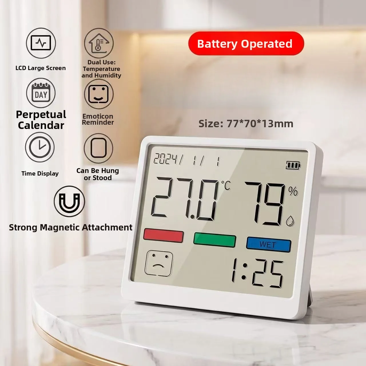 Large LCD Digital Thermometer Hygrometer With Happy=Face Indicator Memory Function High Accuracy Indoor Temp Humidity Monitor