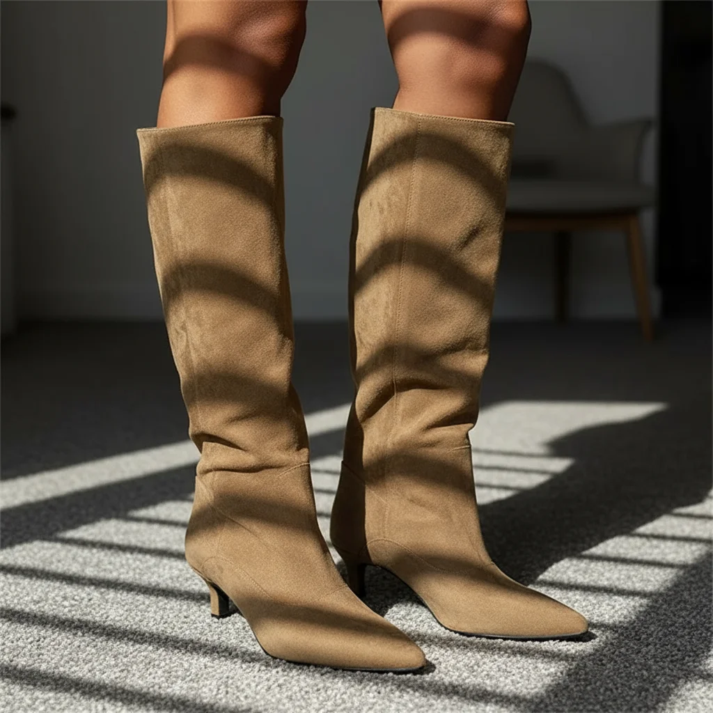 

Зимние женские сапоги до колена в уличном стиле, низкий каблук с острым носком, модные шикарные длинные ботильоны, удобные Zapatos De Mujer