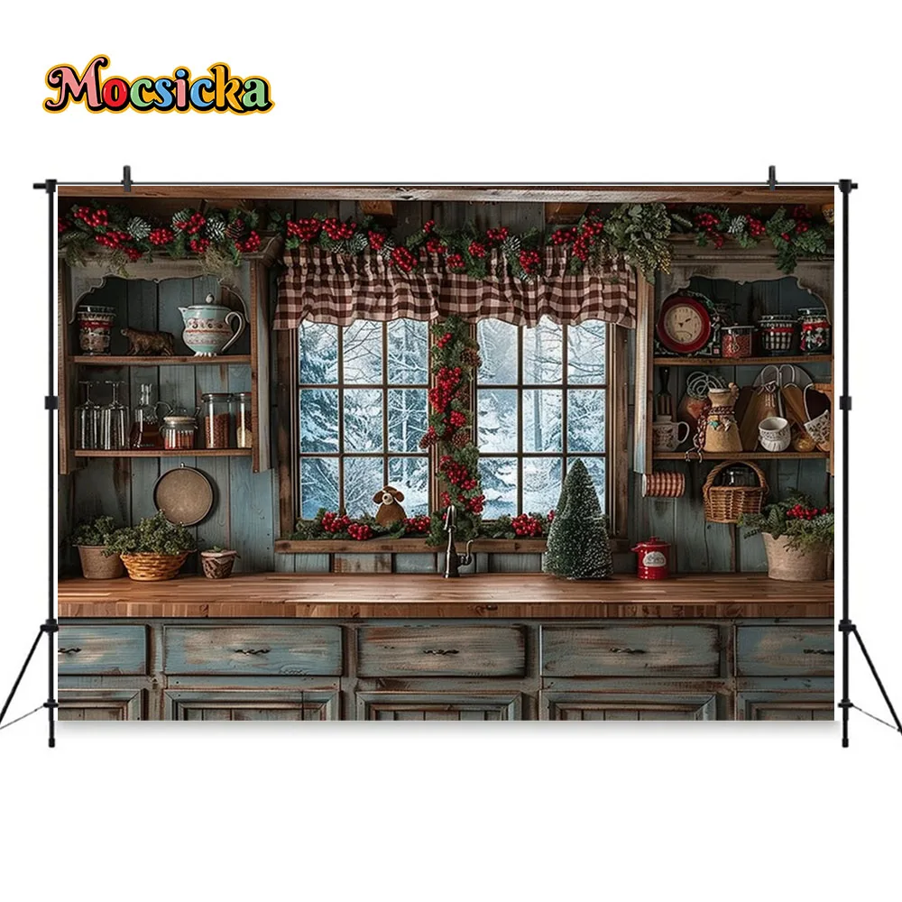 Rustic Christmas Kitchen Background Studio Photography Red Xmas Flowers Wreath Cupboard Backdrop Decor Winter Kids Family Photo