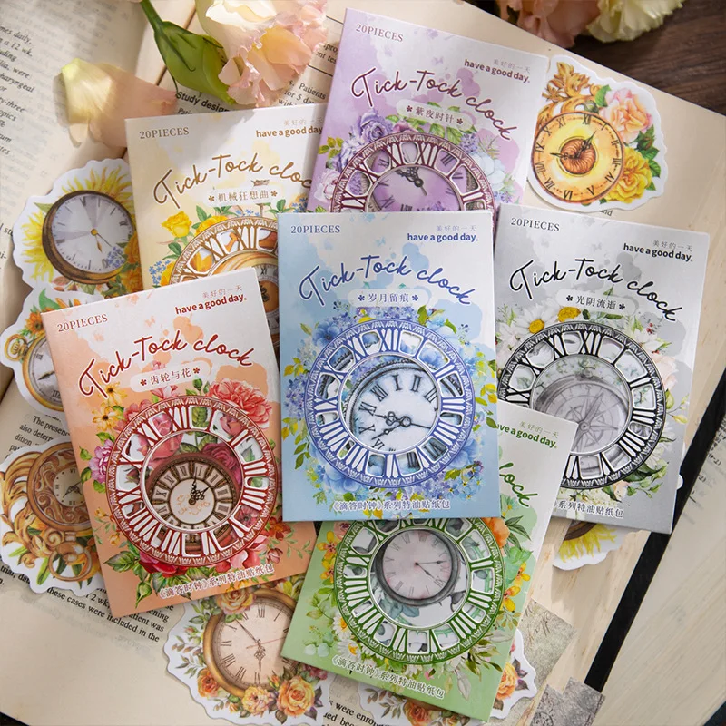 20Pcs Ticker Clock Series Decorative Sticker Pack Retro Flowers Scrapbooking Material Label Diary Album Journal Planner