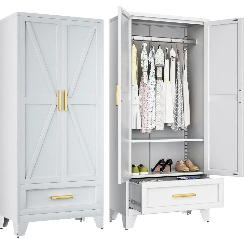 Metal Wardrobe Cabinet,Armoire Wardrobe Closet with Drawers and Hanging Rod,Metal Closet with Adjustable Shelves for Bedroom