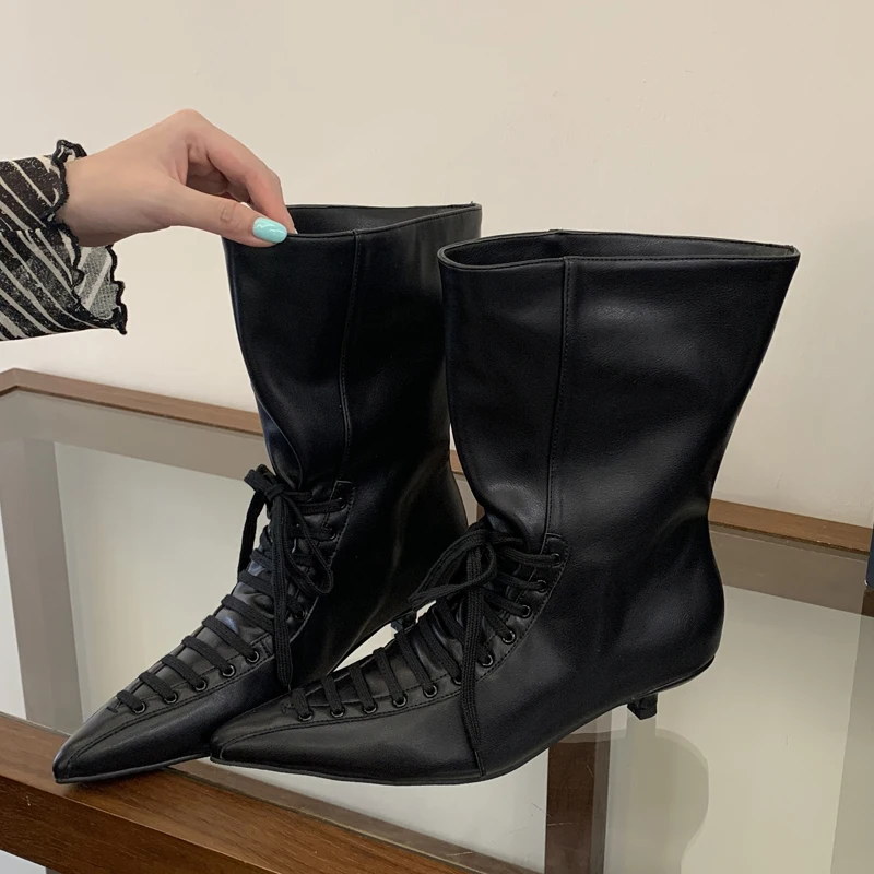 Aneikeh Vintage Fashion Cross T-tied Pointed Toe Woman Ankle Boots  Autumn Winter Comfortable Thin Low Heels Party Dress Shoes