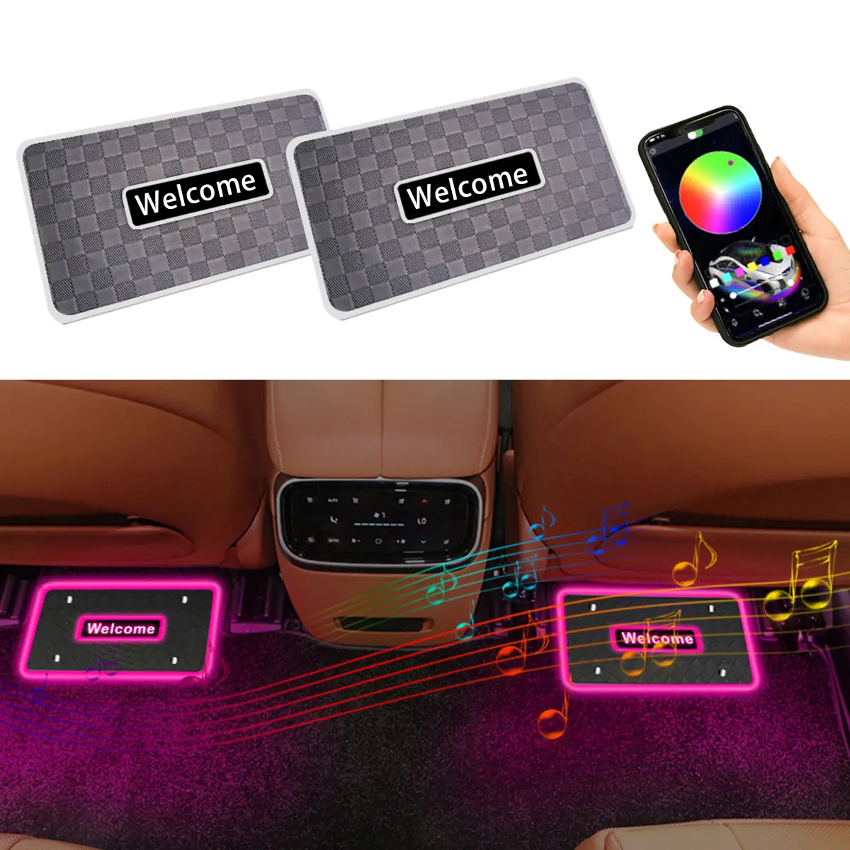 1in2 Led Car Interior lights foot pad Decorative lights RGB Welcome light Backseat Background Atmosphere light APP USB Universal