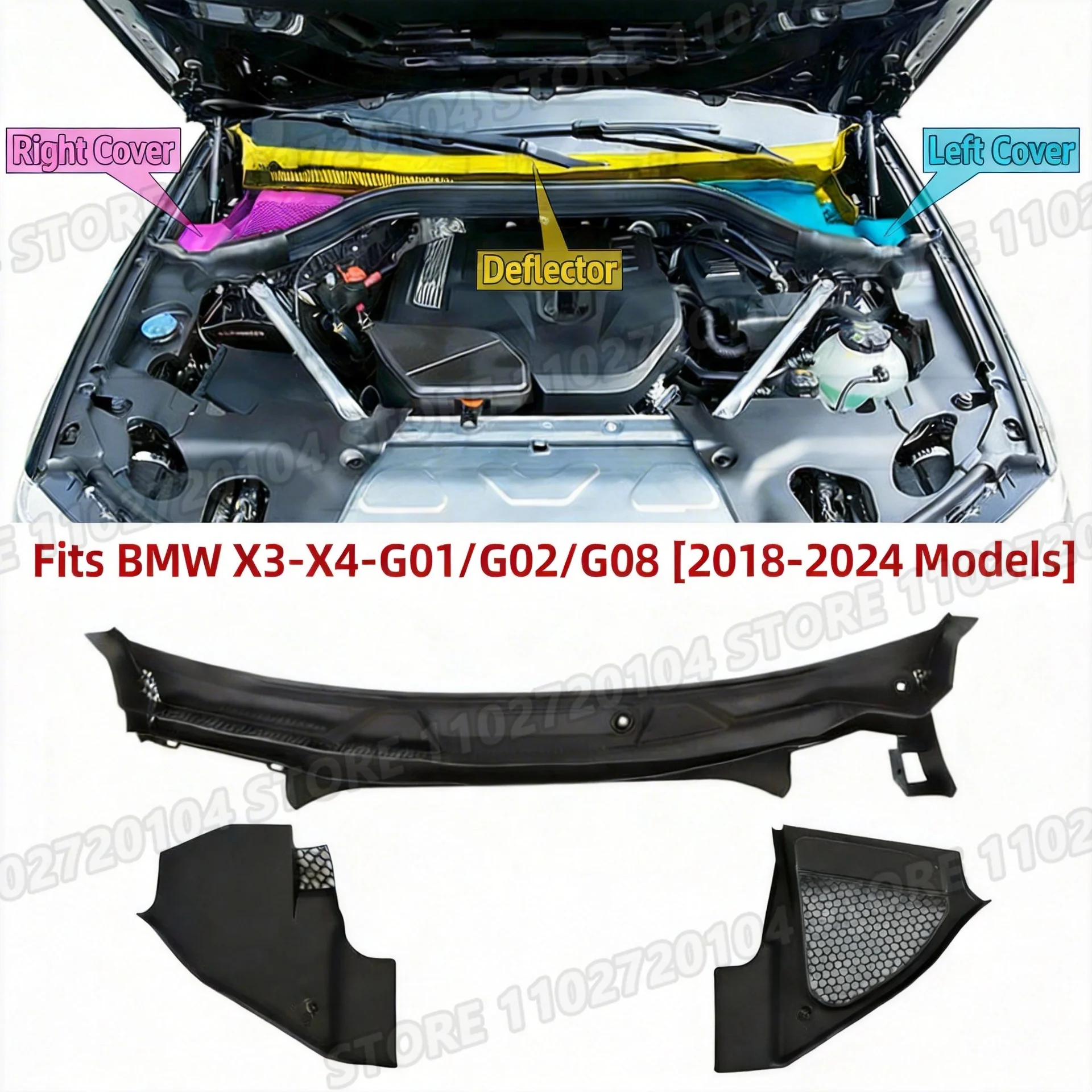 

Декоративная накладка на передний уплотнитель стеклоочистителя для BMW X3 X4 X3M X4M (G01 G02 G08 F97 F98) 2018-2024 гг., артикулы 51717399015, 51717399017, 51717399018