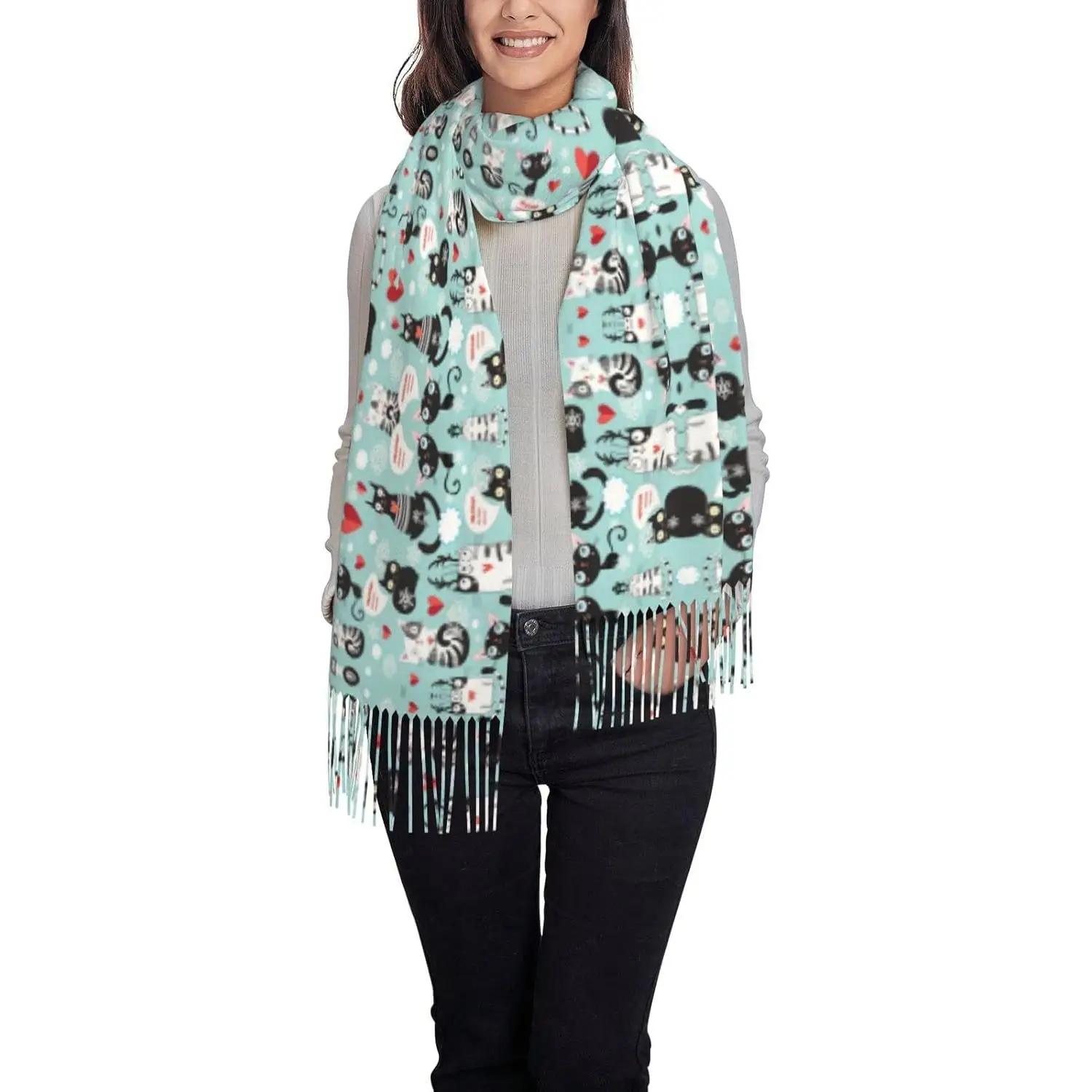 

Black And White Cats Print Tassel Scarf Soft And Cozy Faux Cashmere, Fashionable Fringe Design For All Seasons