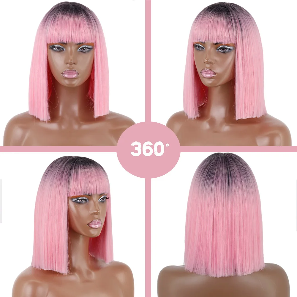 Belle Show Short Straight Halloween Pary Bob Wigs Synthetic Natural Ombre Blonde Pink Grey Bob Wig With Bangs