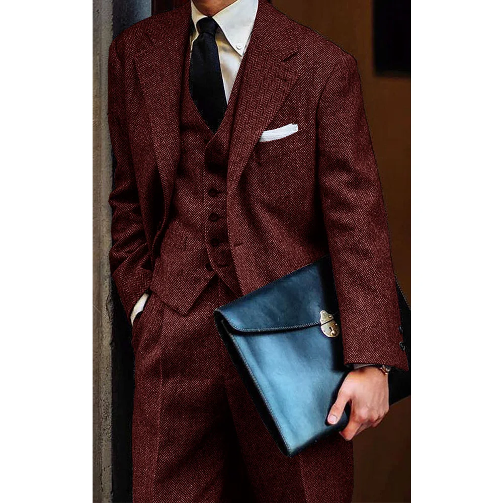 Men's Herringbone Suit 3 Piece Set Notch Lapel Single Breasted Slim Fit Comfortable Elegant Business Suit Casual Stylish Formal