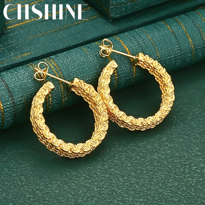 925 Sterling Silver 18K Gold Twisted Texture C Hoop Stud Earrings for Women Fashion Wedding Party Jewelry