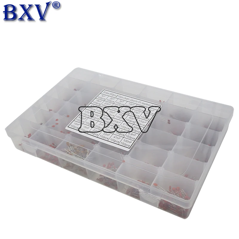 3600PCS 1PF-100nF Ceramic Capacitor Assortment Kit 10PF 22PF 33PF 47PF 100PF 330PF 470PF 1NF 10NF 47NF 50V Capacitors Set BXV