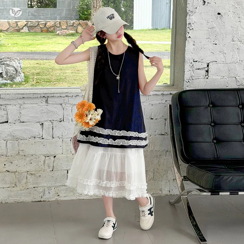 Girls Color Block Dress 2026 Summer New Big Kids Sleeveless Camisole Dress Mesh Patch Lace Long Dress